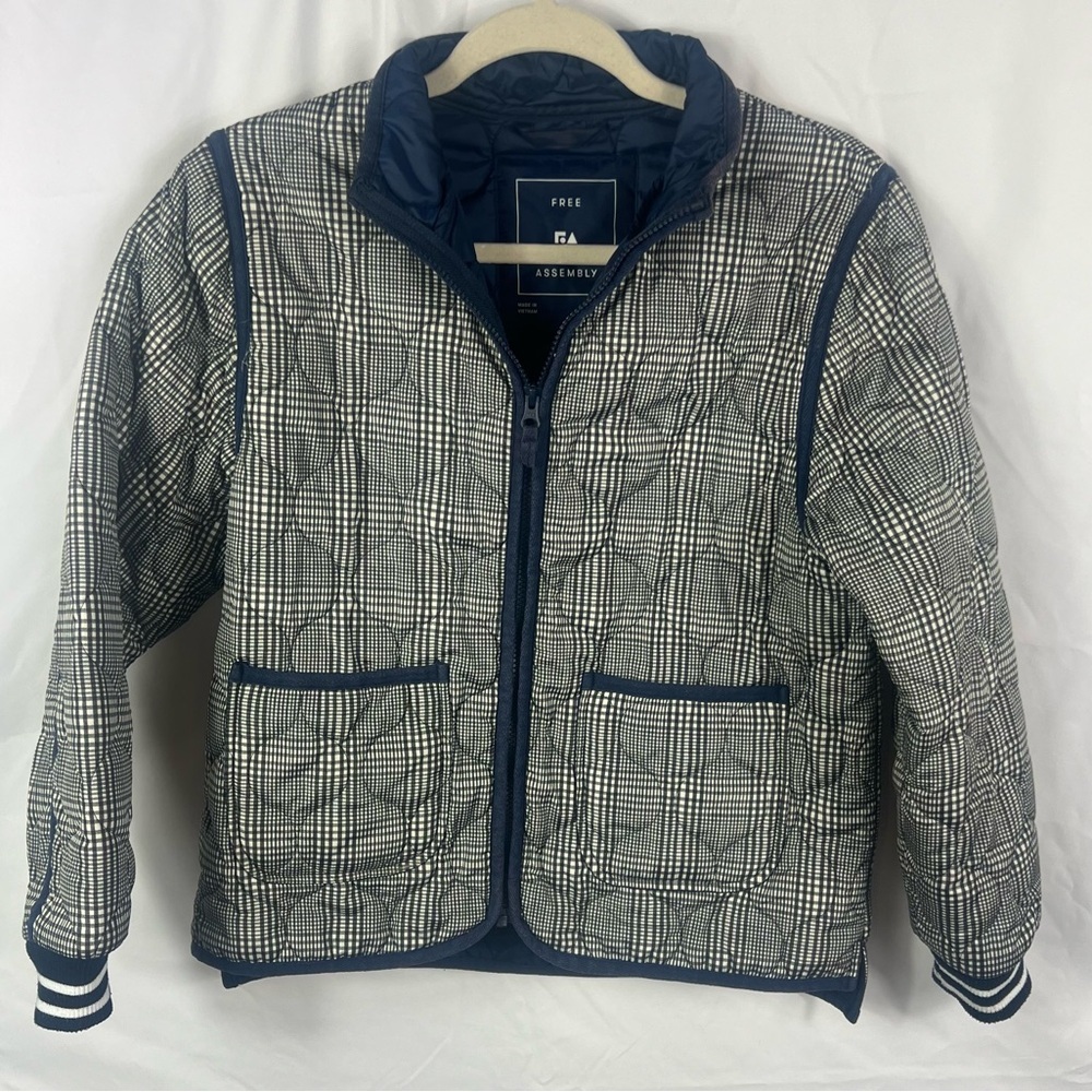 Free Assembly Girl Checkered Puffer Jacket - Navy and White